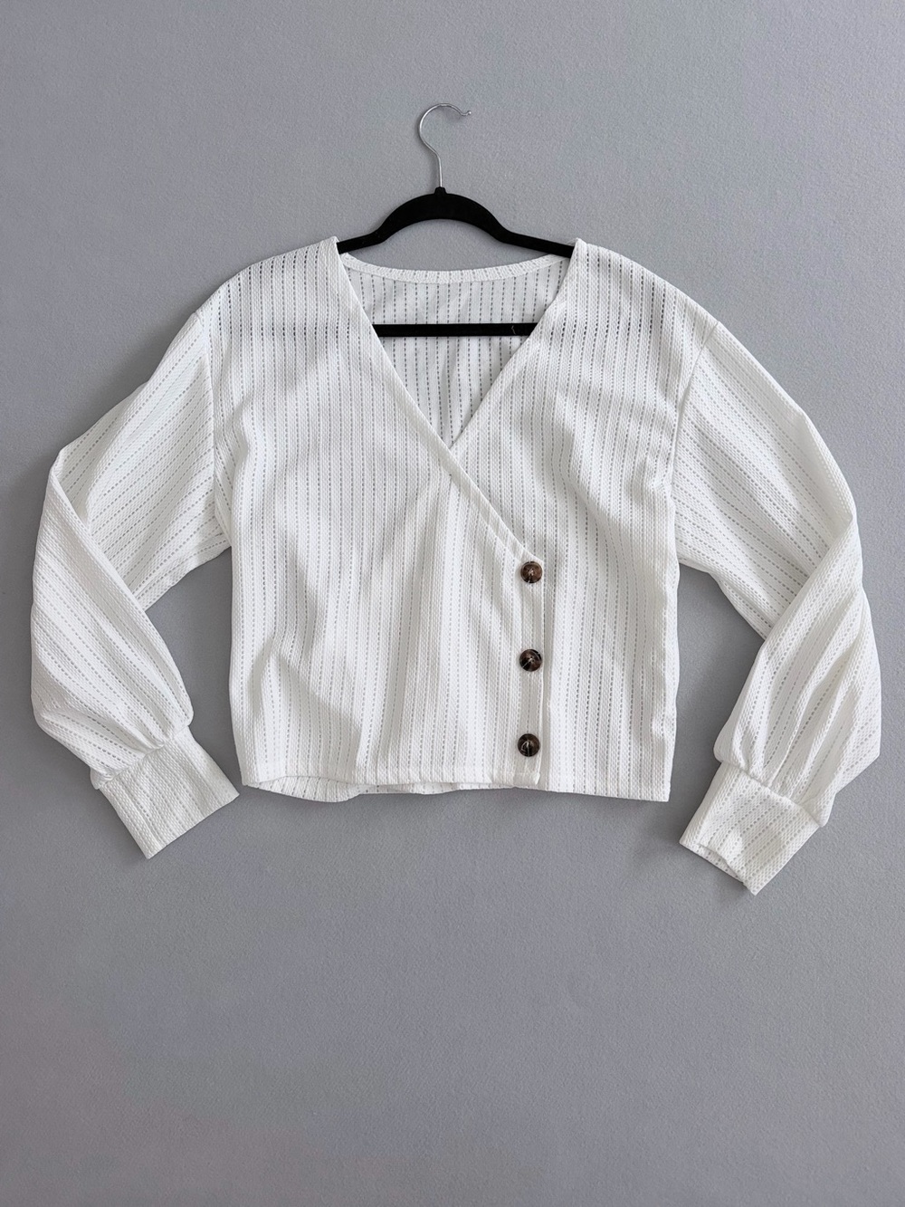 SHEIN White V-Neck Wrap Button Long Sleeve Blouse